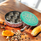 Hand Painted Spice Box With 7 Compartments - Green And Red